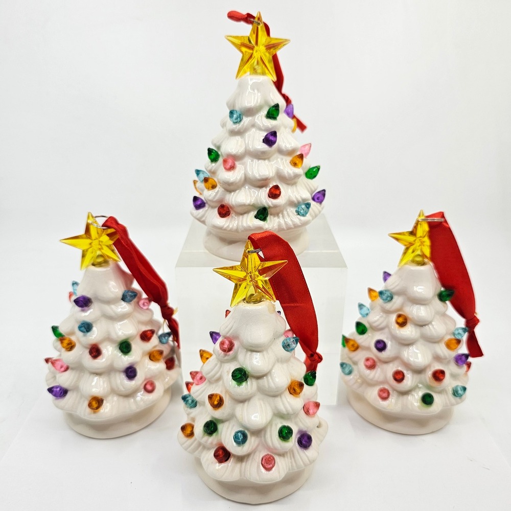 Mr. Christmas Set of 4 White Ceramic Lighted Mini Tree Ornaments with Timer